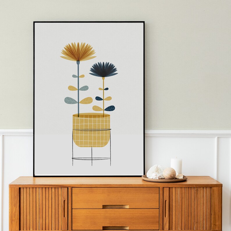 Mid century yellow and blue Nordic flower wall art, Retro modern floral print for a Scandinavian design home, Botanical illustration artwork image 7