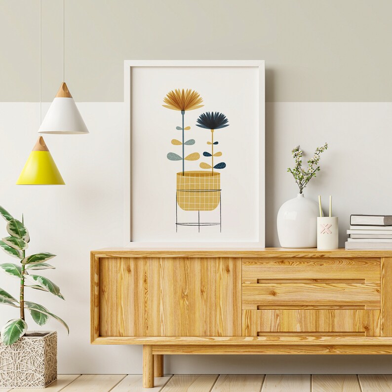Mid century yellow and blue Nordic flower wall art, Retro modern floral print for a Scandinavian design home, Botanical illustration artwork image 8