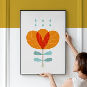 Orange scandinavian flower wall art, Scandinavian poster, Scandinavian modern orange print, Mid century flower print, Mid century modern art