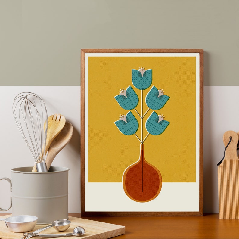 Mid Century Modern Blue Tulip Wall Art Retro Scandinavian Etsy