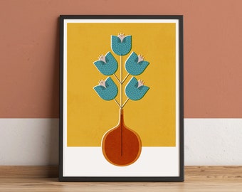 Mid century modern blue tulip wall art, Retro Scandinavian flower print, Vintage graphic Floral illustration for a Nordic design home decor