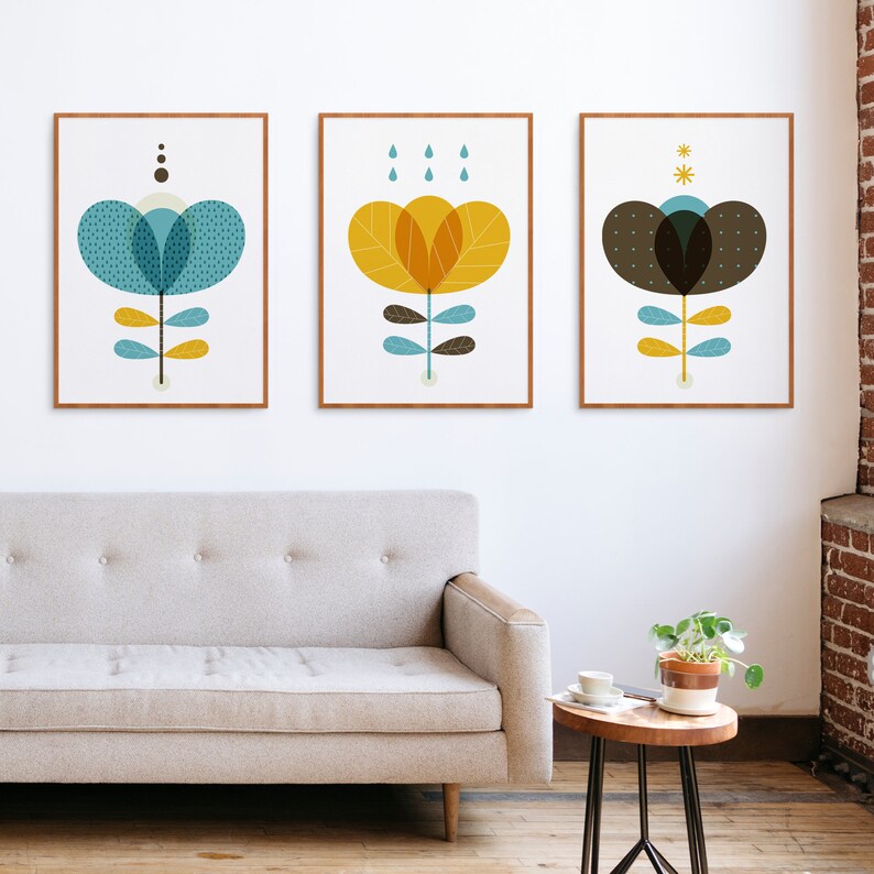 Scandinavian flower 3 piece wall art, Mid century modern floral decor in a turquoise mustard yellow and brown for a Nordic and Scandi home image 1
