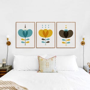 Scandinavian flower 3 piece wall art, Mid century modern floral decor in a turquoise mustard yellow and brown for a Nordic and Scandi home image 6