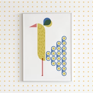 Impresión moderna de pavo real, arte de pared colorido para niños, póster de pájaro geométrico, decoración divertida para guardería, ilustración de pavo real amarillo, arte de pared de animales