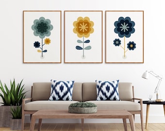 Mid Century Modern Flower Prints: Scandinavian Wall Art Set of 3