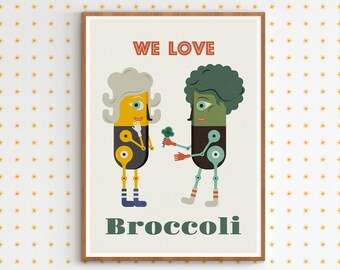 We love broccoli illustration print for a modern nursery, Healthy life poster wall art children room decor, Vegetables slow life veggie kids