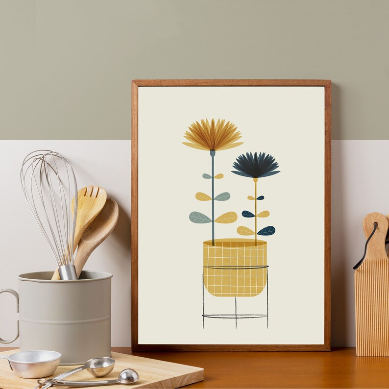 Mid century yellow and blue Nordic flower wall art, Retro modern floral print for a Scandinavian design home, Botanical illustration artwork image 6