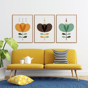3 piece Mid century modern wall art flowers, Scandinavian modern botanical print, Floral Geometric illustration, Scandi modern retro decor