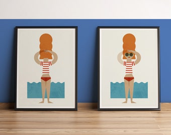 Mid century Modern girl on the beach illustration,  Summer holidays wall art Set of 2 prints, Graphic Bold cute  artwork cheerful home decor