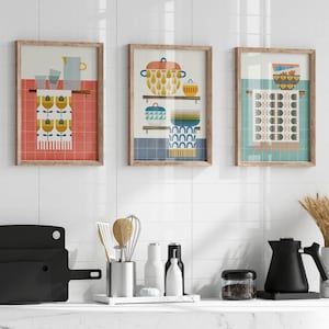 Stampe artistiche per cucine scandinave: ciotole geometriche in stile Mid-Century Modern, strofinacci