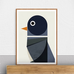 Poster geometrico con uccelli piccione per un arredamento moderno di metà secolo, stampa grafica grigia audace da parete in stile nordico, illustrazione di animali