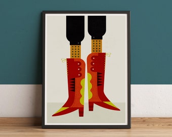 Red boots retro modern wall art poster, illustration Geometric shoes, Fashion artwork for a cool home decor, Graphic design object Print