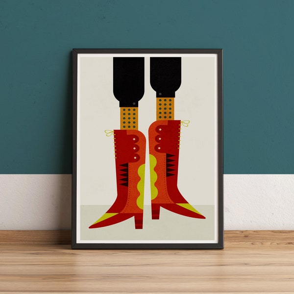 Red boots retro modern wall art poster, illustration Geometric shoes, Fashion artwork for a cool home decor, Graphic design object Print