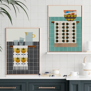 Juego de 2 paños de cocina y cuencos escandinavos con estampados florales de inspiración retro escandinava moderna de los años 70 para una decoración de mediados de siglo.