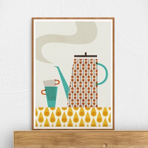 Può includere: Un'illustrazione in stile retrò di una caffettiera con un beccuccio fumante che versa caffè in un bicchiere. La caffettiera e il bicchiere sono di colore blu-verde con un motivo geometrico marrone e bianco. Lo sfondo è un motivo giallo e bianco a forma di goccia.