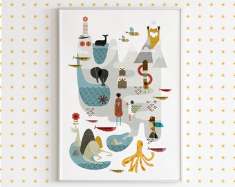 Animals Island map illustration poster for kids room decor, Geometric, modern and funny playroom print Whale birds Octopus Fish Owl Peacock
