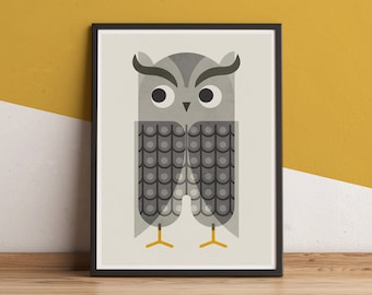 Owl winter wall art illustration, Geometric birds artwork print for a mid century modern decor, Cute Abstract animal print for nature lovers