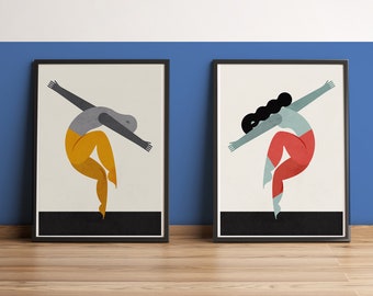 Geometric dancers illustration, Modern Contemporary Performance Dance wall art Set of 2 prints, Graphic Bold simplistic artwork home decor