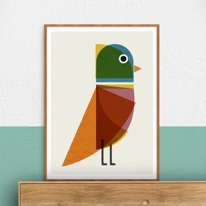 Stampa di illustrazione di uccelli colorati in stile moderno di metà secolo, arte murale geometrica minimalista di animali per un arredamento scandinavo colorato per il soggiorno.