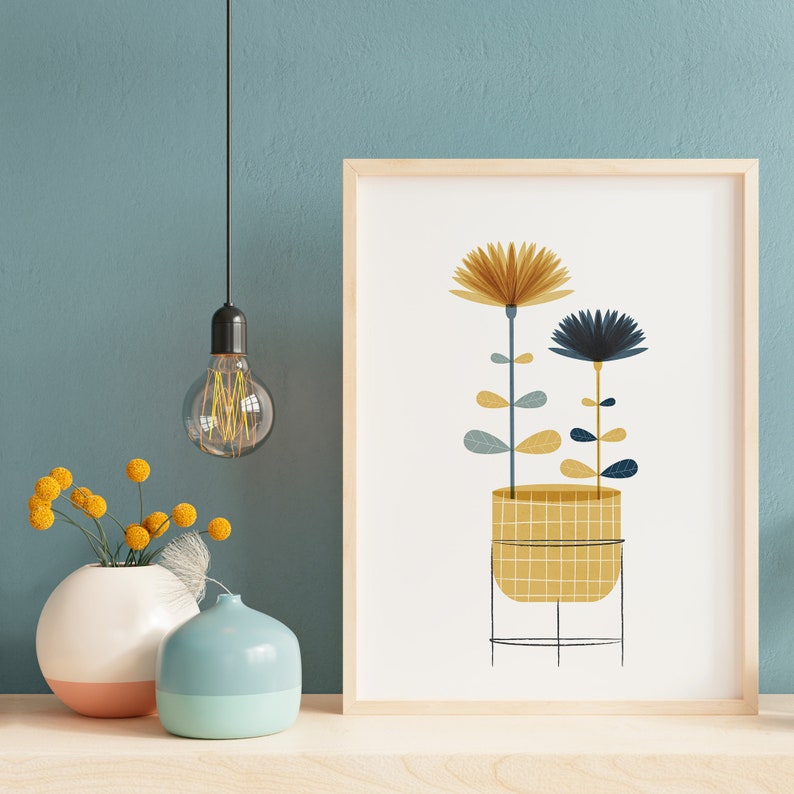 Mid century yellow and blue Nordic flower wall art, Retro modern floral print for a Scandinavian design home, Botanical illustration artwork image 5