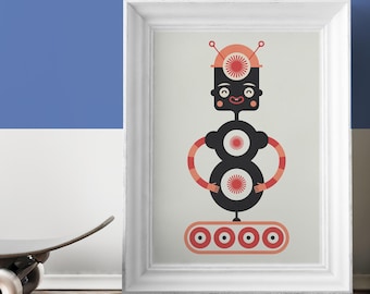 May include: A framed print featuring a whimsical robot illustration. The robot is black with red and orange accents, including a circular head, arms, and a base with wheels. The background is a light beige color.