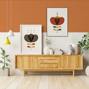 Juego de 2 impresiones artísticas de pared con flores escandinavas de mediados de siglo, póster retro con formas redondeadas botánicas y florales escandinavas, decoración nórdica inspirada en la naturaleza.