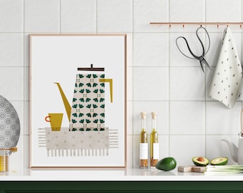 Vintage Teapot Illustration Print: Retro Kitchen Decor, Scandinavian Wall Art