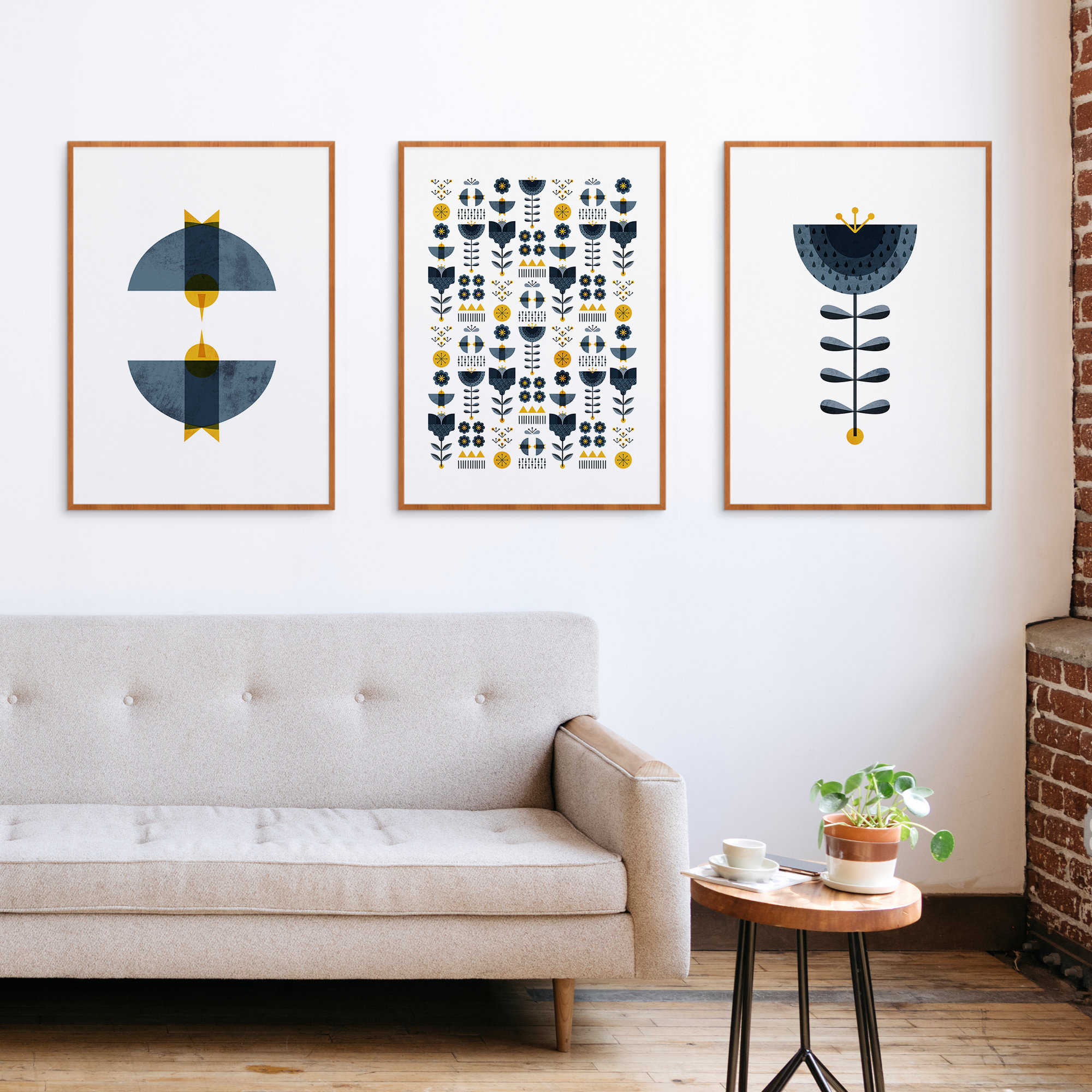 3 piece wall art of nordic prints Blue Scandinavian folk art Etsy