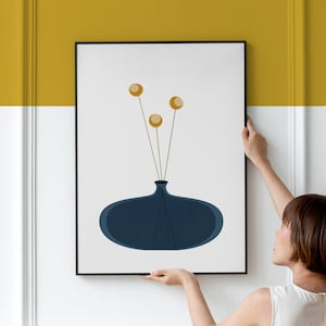 Jarrón azul oscuro moderno de mediados de siglo, estampado nórdico, decoración del hogar moderna retro escandinava, gran ilustración geométrica botánica vintage, arte de pared