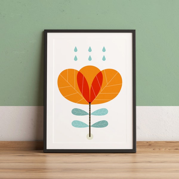 Orange scandinavian flower wall art, Scandinavian poster, Scandinavian modern orange print, Mid century flower print, Mid century modern art