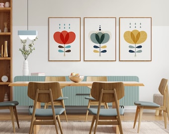 Mid-century wall art set of 3 poppy flowers modern Scandinavian print, Vintage style interior home decor Graphic design from the 50s and 60s