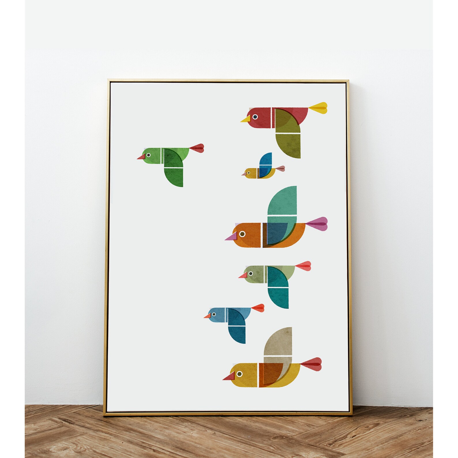 Geometric flying birds wall art print Mid century Modern Flat Etsy