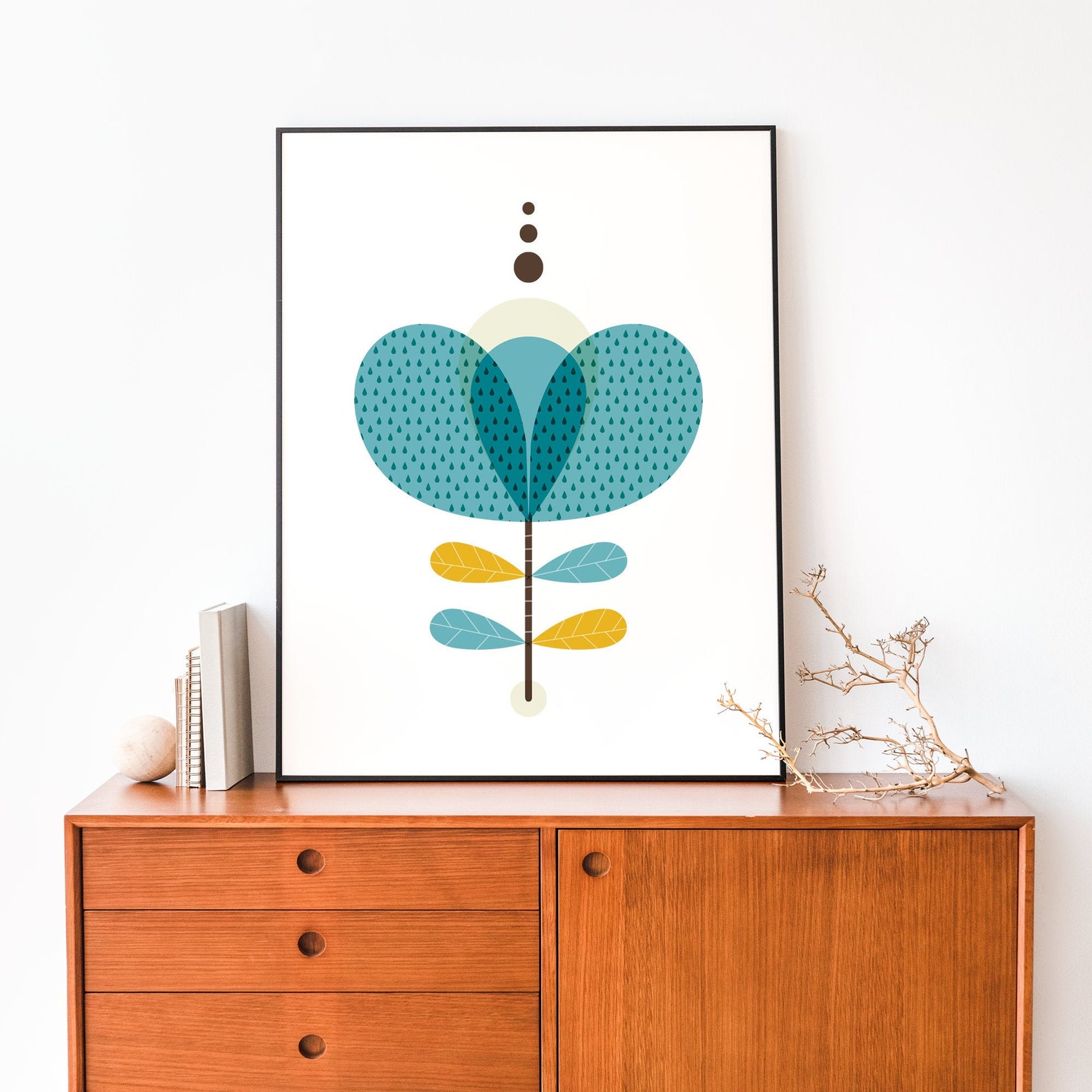 Turquoise Mid Century Modern Flower Wall Art Retro Flower Etsy