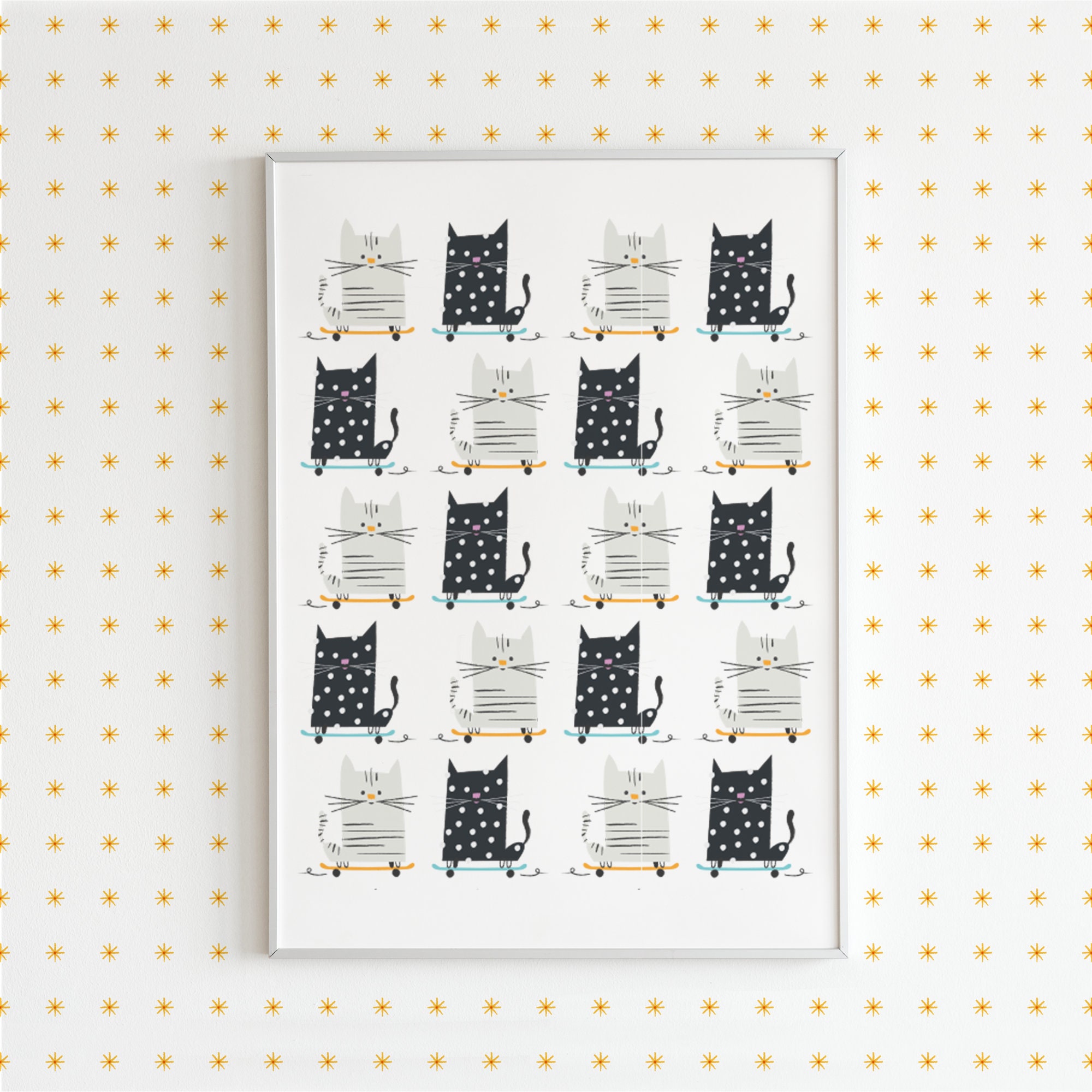 Cat Skateboard Pattern Poster Illustration Prints Cute - Etsy