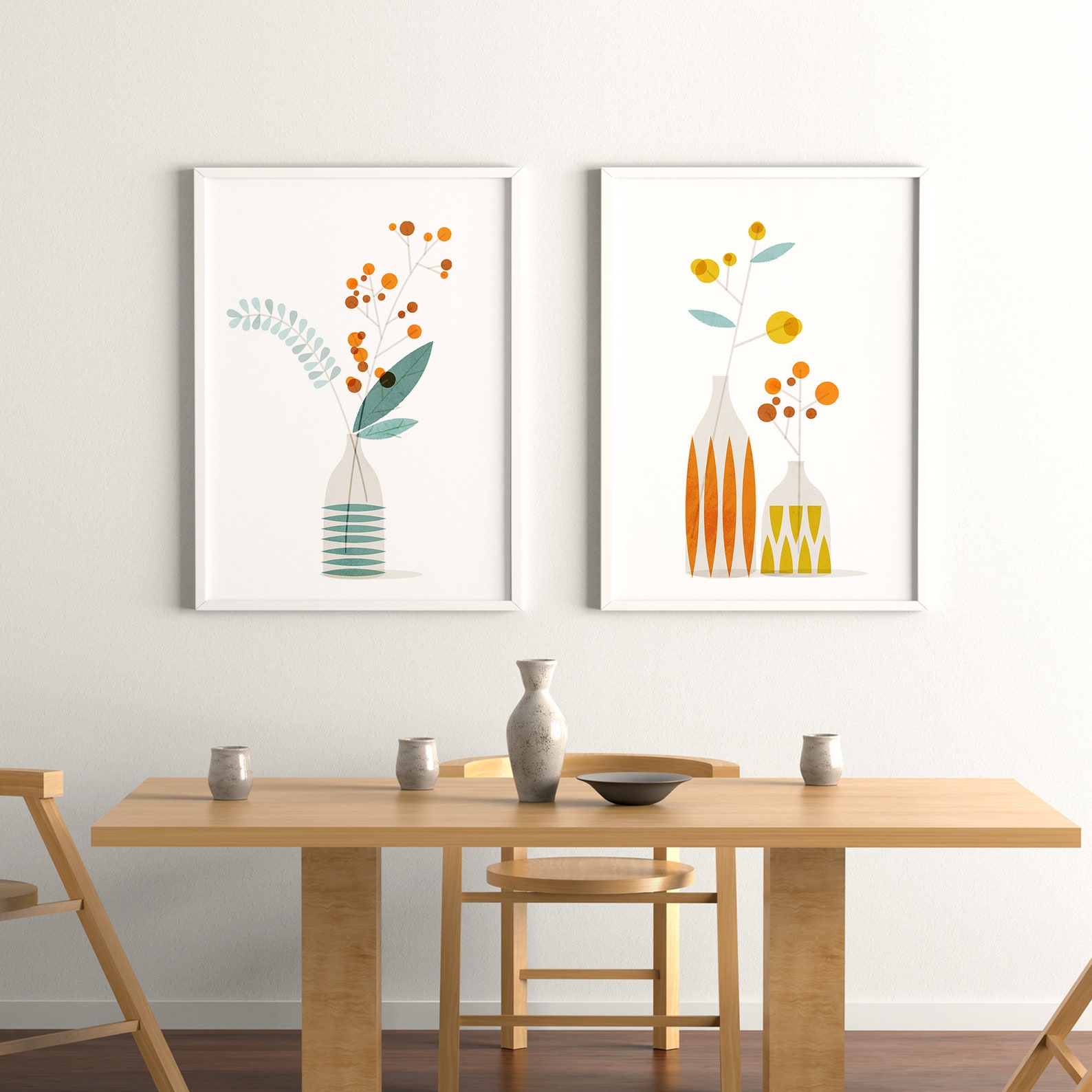 Ikebana art prints Mid century modern floral wall art set of Etsy