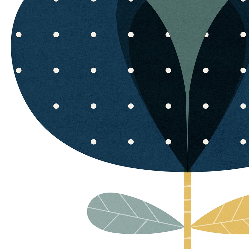 Navy Blue Wall Art Mid Century Flower Print Retro Art Print Etsy