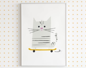 Katzen Skateboard Poster, Moderne Kinderzimmer Wandkunst