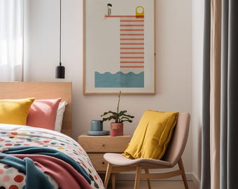 Quadro decorativo vintage de trampolim para parede – Ilustração de piscina de meados do século XX – Decoração retrô de verão