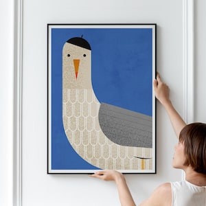 Stampa artistica di gabbiano – Poster di uccelli in stile moderno di metà secolo – Stampa murale geometrica costiera – Stampa naturalistica minimalista unica per l'arredamento della casa