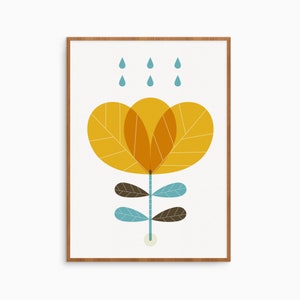 Scandinavian flower 3 piece wall art, Mid century modern floral decor in a turquoise mustard yellow and brown for a Nordic and Scandi home image 4