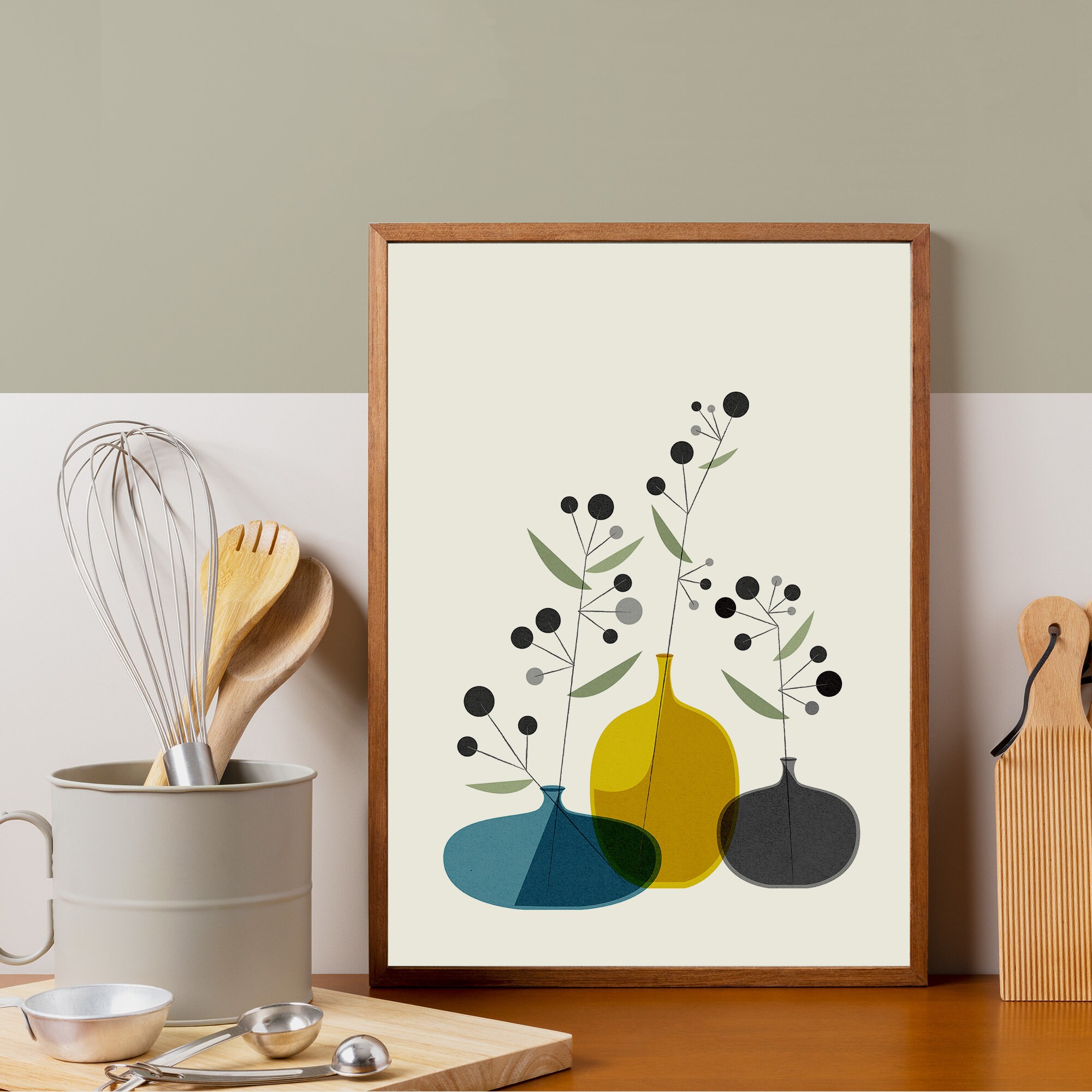 Mid Century Modern Vase Print: Geometric Flowers, Retro Nordic