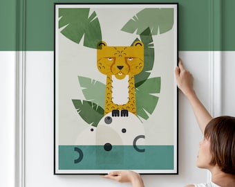 Cheetah Mid century modern wall art, Stylised feline Geometric, wildlife artwork for a Nordic home, Graphic retro animal illustration Print