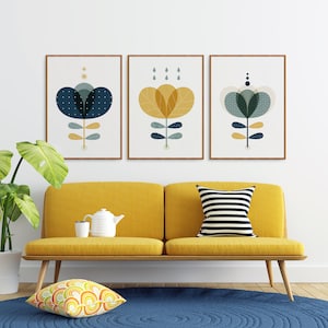 Ensemble de 3 estampes de fleurs du milieu du siècle, illustration de fleurs moderne, impression d'art moderne scandinave, affiche de décoration murale moderne rétro du milieu du siècle