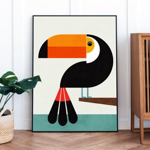 Tucano, arte murale moderna di metà secolo, uccello stilizzato, opera d'arte geometrica e tropicale per una casa nordica, illustrazione grafica retrò della fauna selvatica.