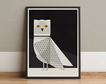 Snow Owl print, Mid century modern birds, Nocturnal animals wall art, Geometric minimalist Nordic decor, Black white graphic illustration