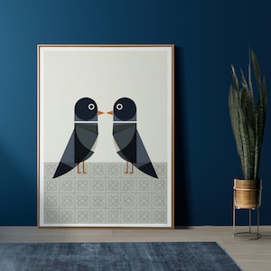 Stampa di uccelli di Barcellona, coppia di piccioni di metà secolo, arte murale per un arredamento moderno di un appartamento, illustrazione di poster grafico della città, ricordi di viaggio
