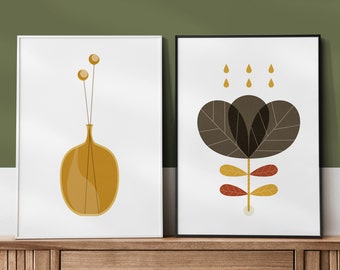 Mid century modern flower wall art set of 2 prints, Mustard yellow Brown Graphic and Retro Scandinavian illustration for a Nordic home decor