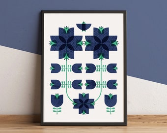 Mid century Scandinavian flower wall art, Scandi folk blue and green floral print for a nordic home decor, Norwegian Swedish art inspired