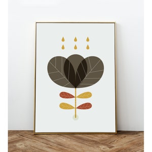 Brown Mid century modern flower print, Scandi Retro floral wall art, Scandinavian modern and bright nordic home, flower lovers modern gift