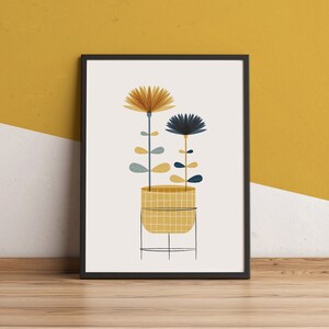 Mid century yellow and blue Nordic flower wall art, Retro modern floral print for a Scandinavian design home, Botanical illustration artwork image 2